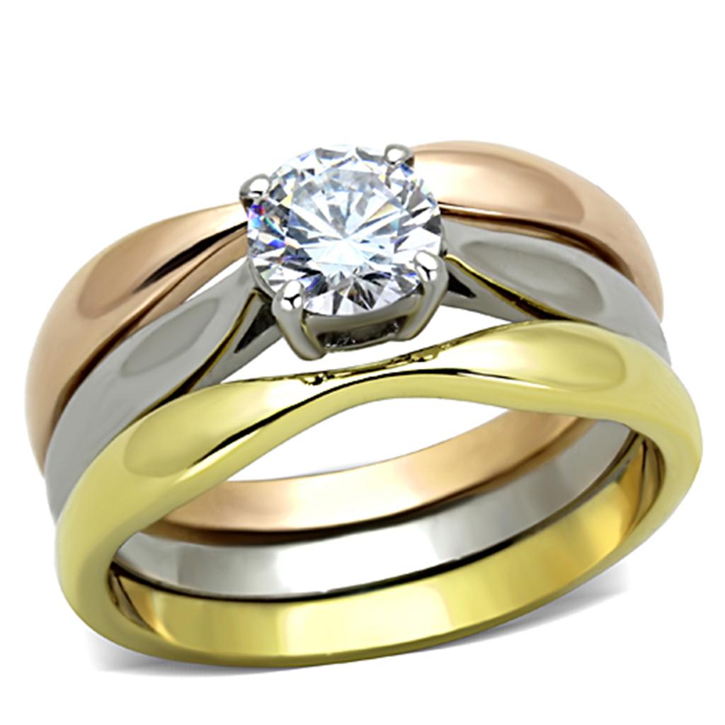 JCE1278 Three Tone IP+»-+-åIP Gold & IP Rose Gold & High Polished) Stainless Steel Ring with AAA Grade CZ in Clear