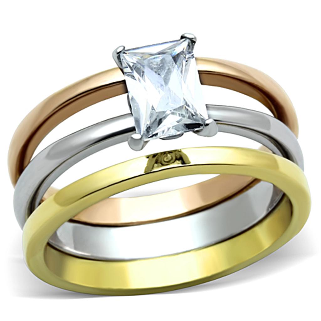 JCE1279 Three Tone IP+»-+-åIP Gold & IP Rose Gold & High Polished) Stainless Steel Ring with AAA Grade CZ in Clear