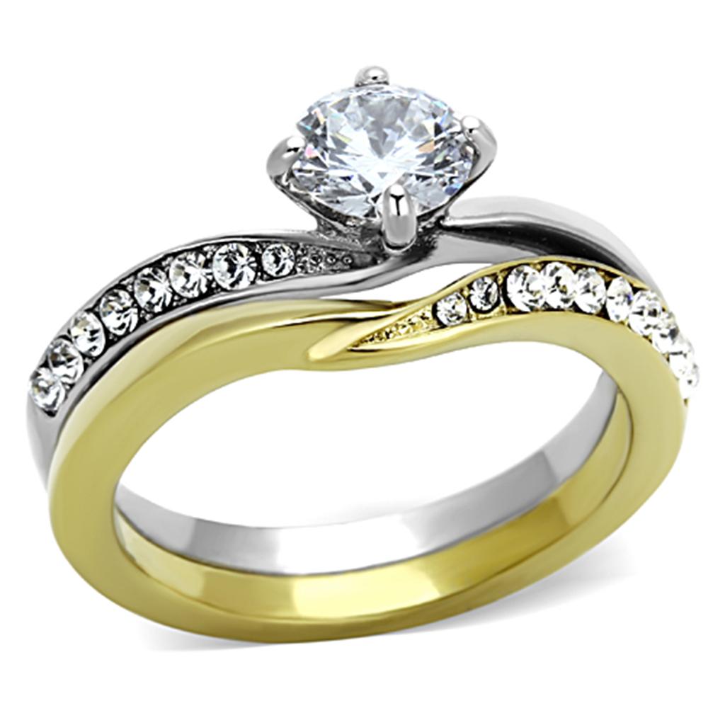 JCE1280 Two-Tone IP Gold (Ion Plating) Stainless Steel Ring with AAA Grade CZ in Clear