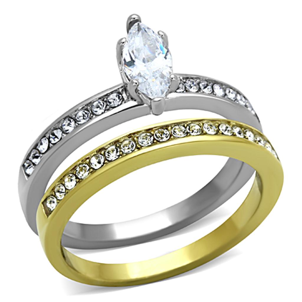 JCE1282 Two-Tone IP Gold (Ion Plating) Stainless Steel Ring with AAA Grade CZ in Clear