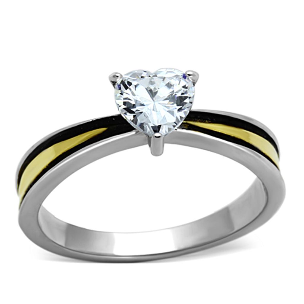 JCE1283 Two-Tone IP Gold (Ion Plating) Stainless Steel Ring with AAA Grade CZ in Clear