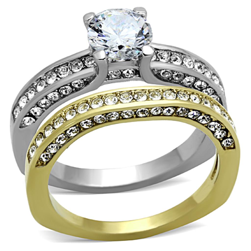 JCE1284 Two-Tone IP Gold (Ion Plating) Stainless Steel Ring with AAA Grade CZ in Clear