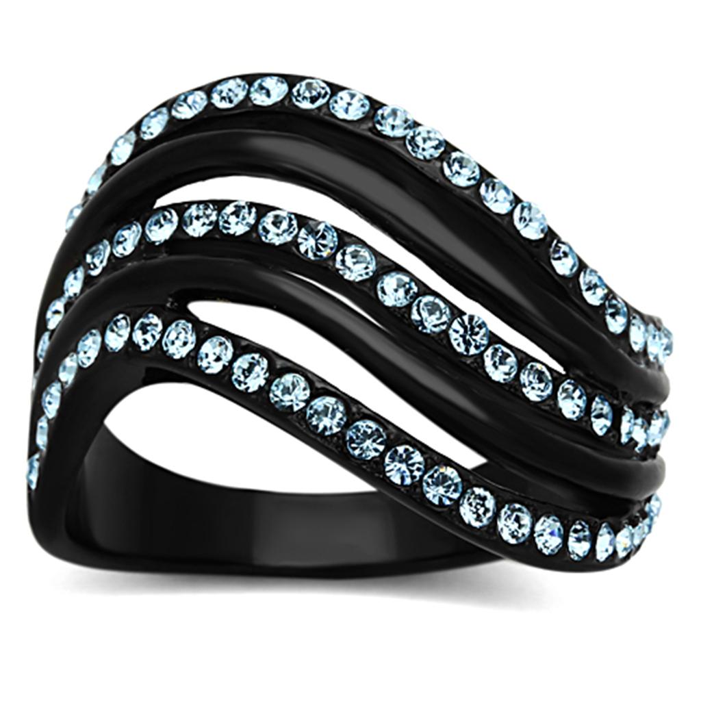 JCE1297 IP Black(Ion Plating) Stainless Steel Ring with Top Grade Crystal in Sea Blue