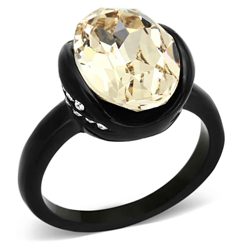 JCE1298 IP Black(Ion Plating) Stainless Steel Ring with Top Grade Crystal in Light Smoked