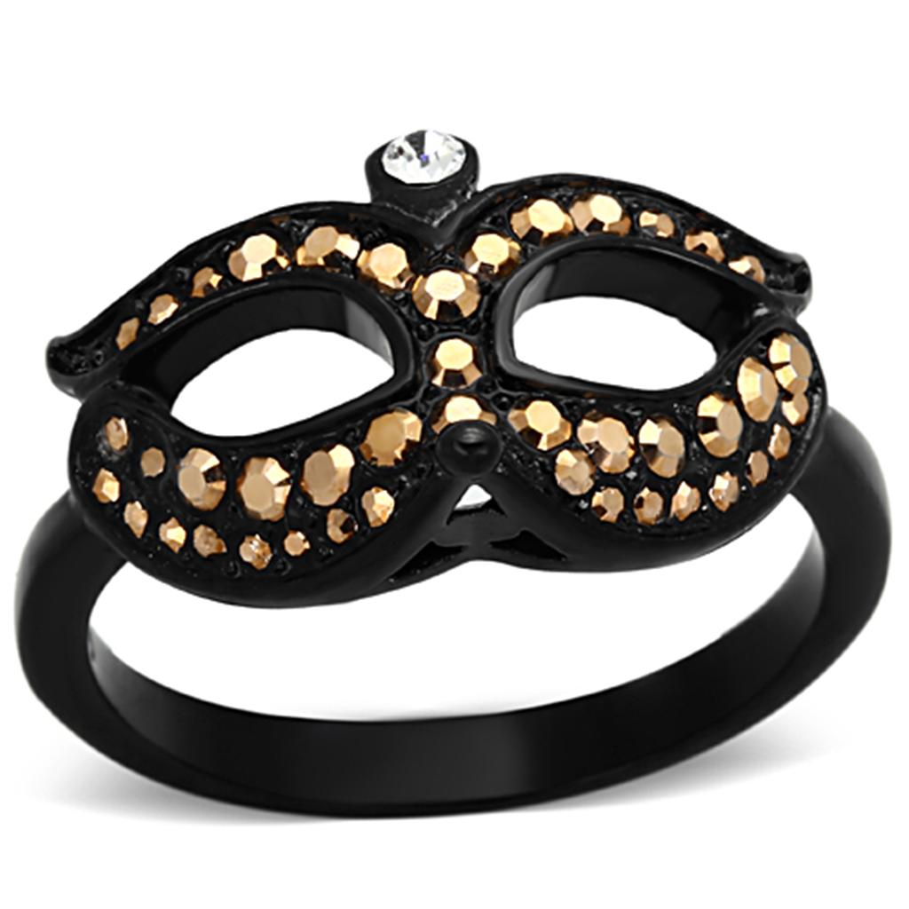JCE1299 IP Black(Ion Plating) Stainless Steel Ring with Top Grade Crystal in Metallic Light Gold