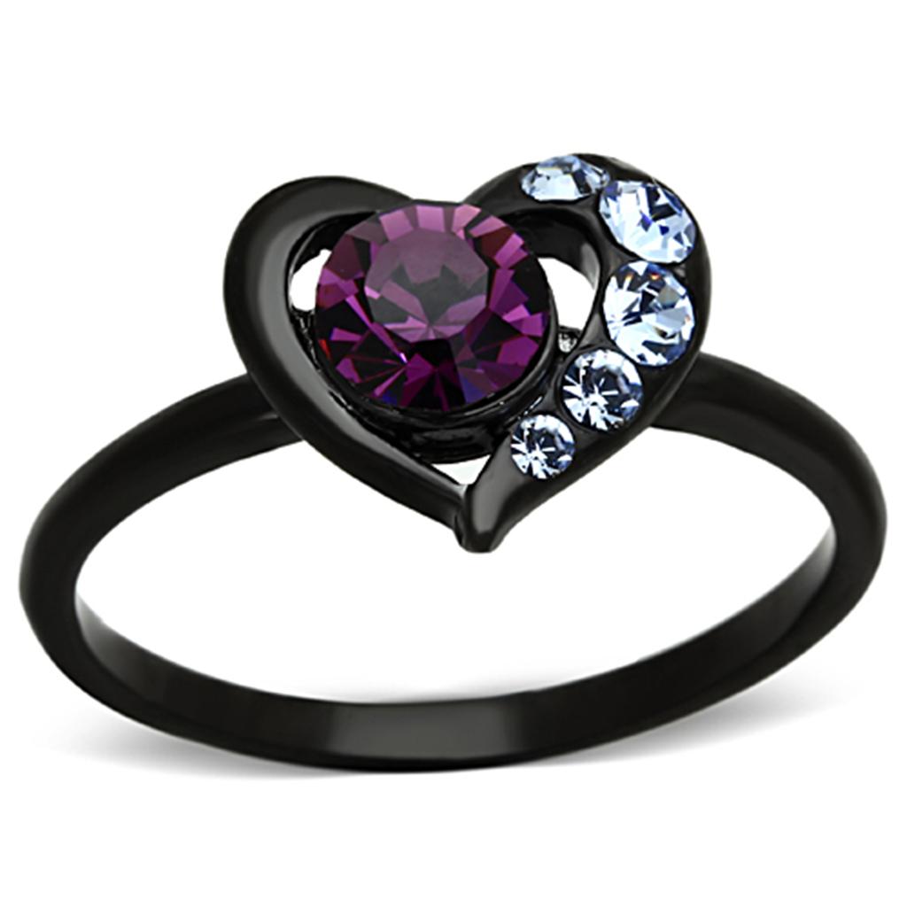 JCE1300 IP Black(Ion Plating) Stainless Steel Ring with Top Grade Crystal in Amethyst