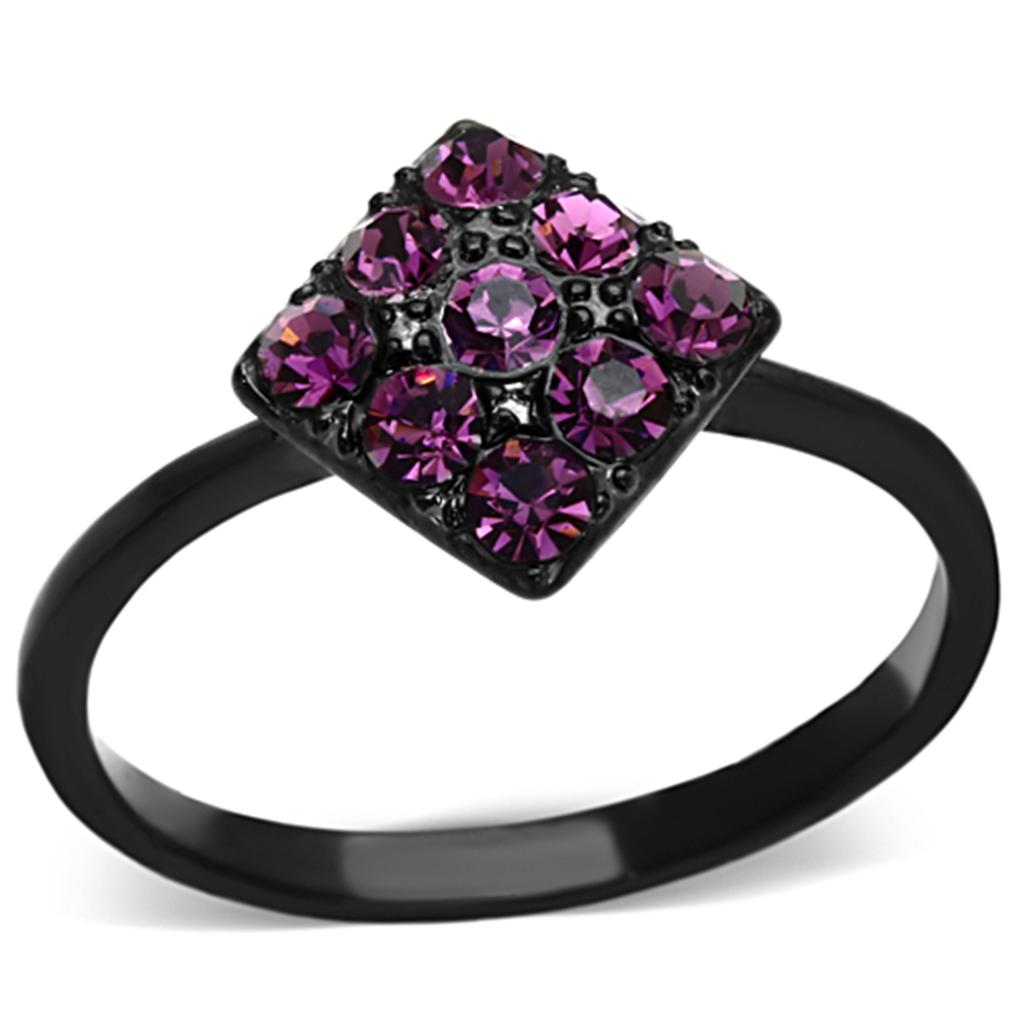 JCE1301 IP Black(Ion Plating) Stainless Steel Ring with Top Grade Crystal in Amethyst