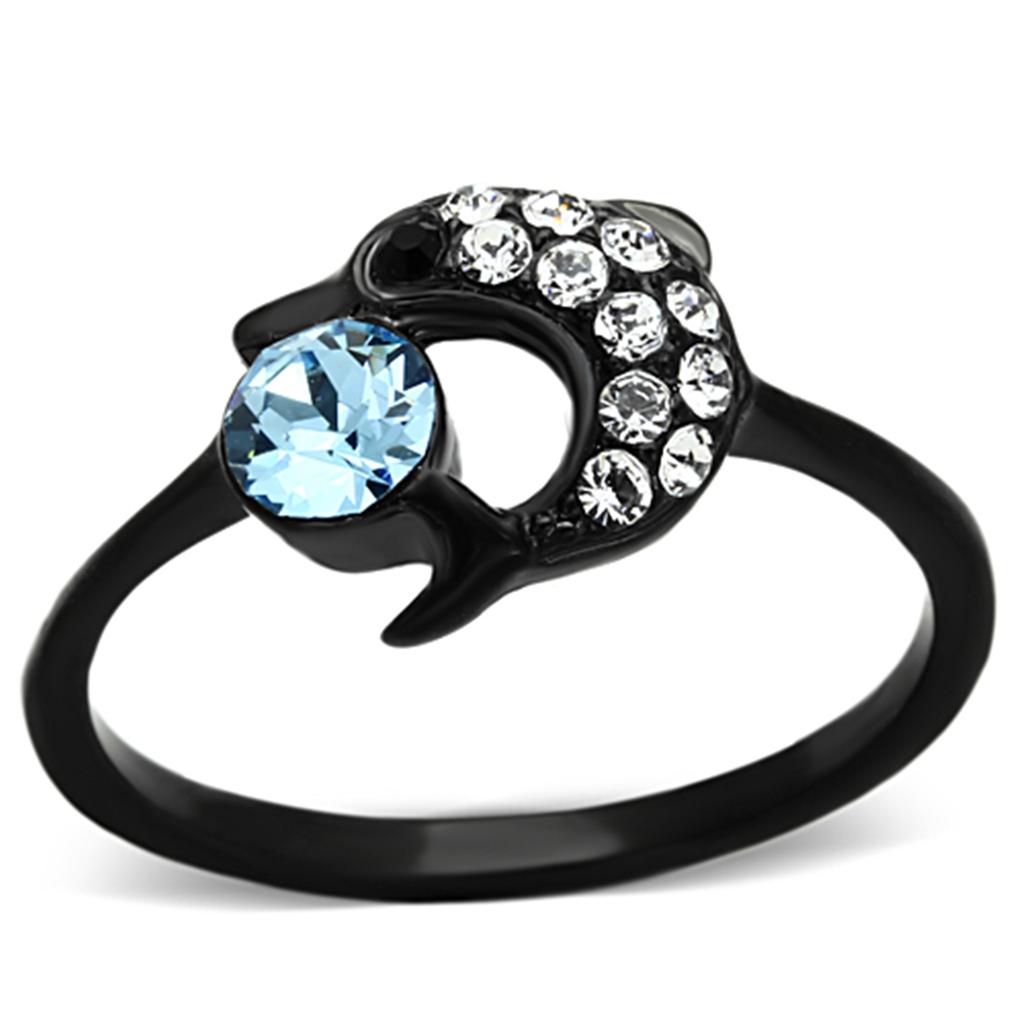 JCE1302 IP Black(Ion Plating) Stainless Steel Ring with Top Grade Crystal in Sea Blue