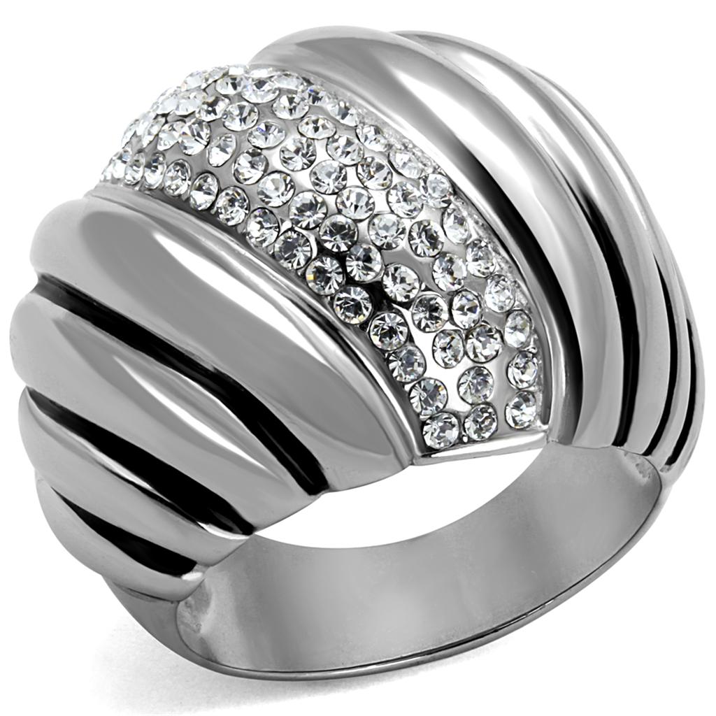 JCE1304 High polished (no plating) Stainless Steel Ring with Top Grade Crystal in Clear