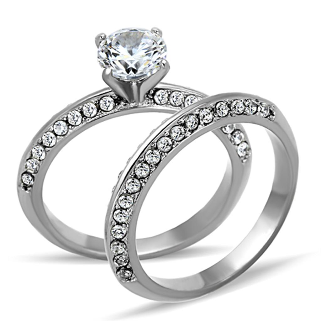 JCE1320 High polished (no plating) Stainless Steel Ring with AAA Grade CZ in Clear