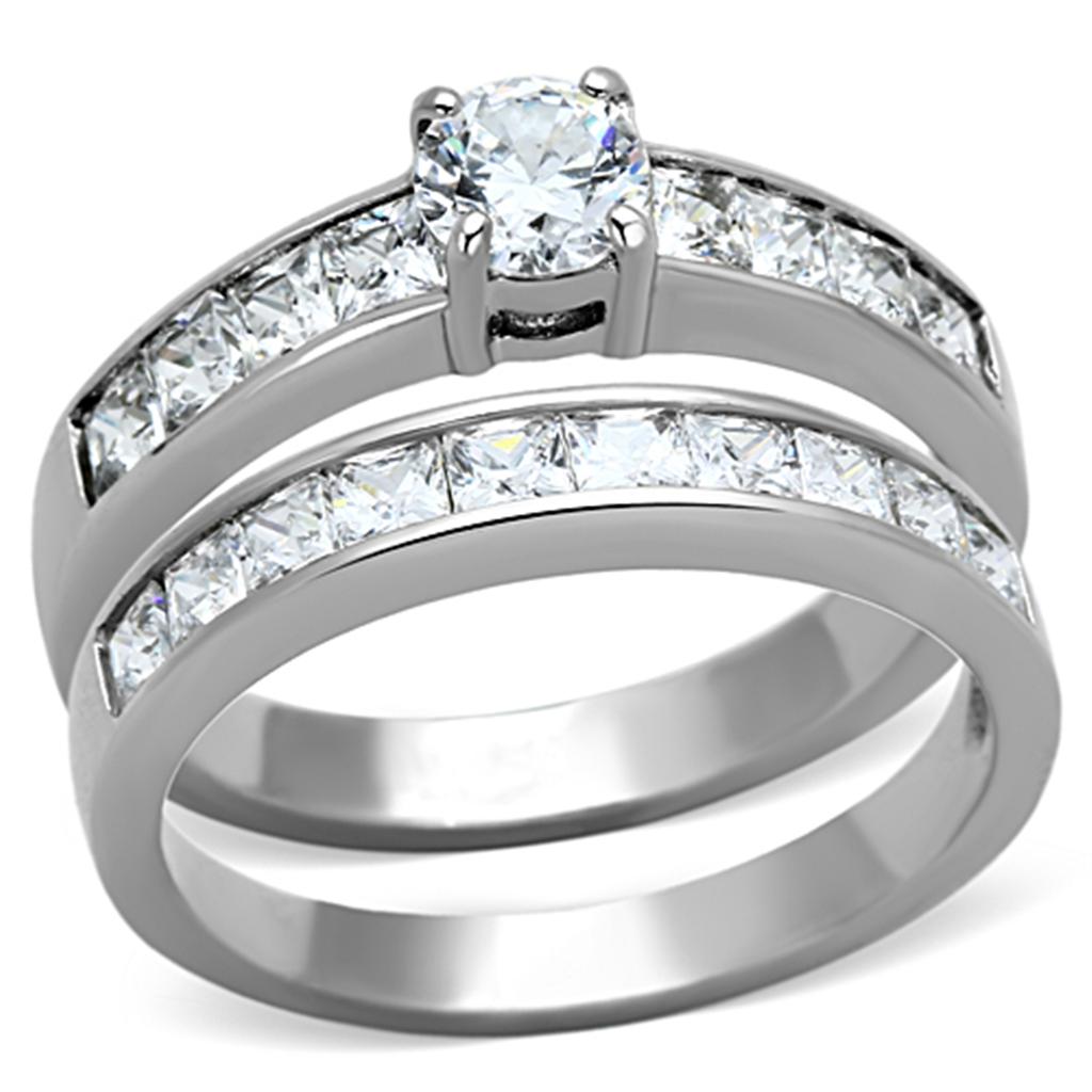 JCE1321 High polished (no plating) Stainless Steel Ring with AAA Grade CZ in Clear