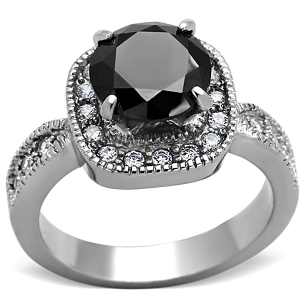 JCE1322 High polished (no plating) Stainless Steel Ring with AAA Grade CZ in Black Diamond