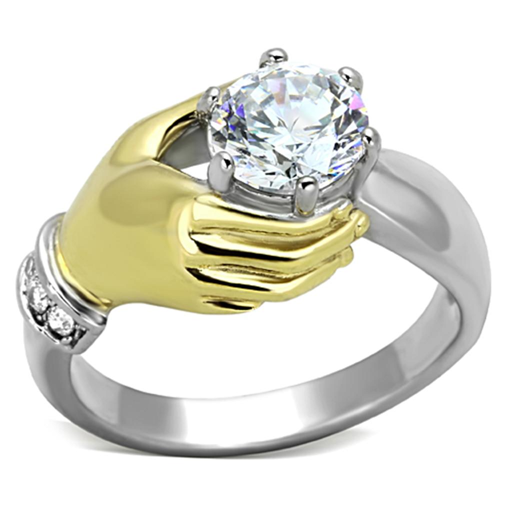 JCE1324 Two-Tone IP Gold (Ion Plating) Stainless Steel Ring with AAA Grade CZ in Clear