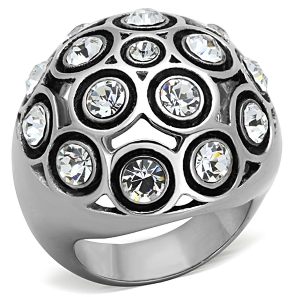 JCE1325 High polished (no plating) Stainless Steel Ring with Top Grade Crystal in Clear