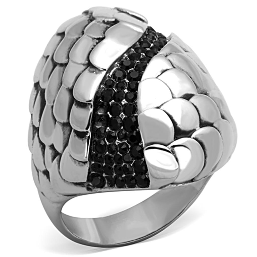 JCE1327 High polished (no plating) Stainless Steel Ring with Top Grade Crystal in Jet