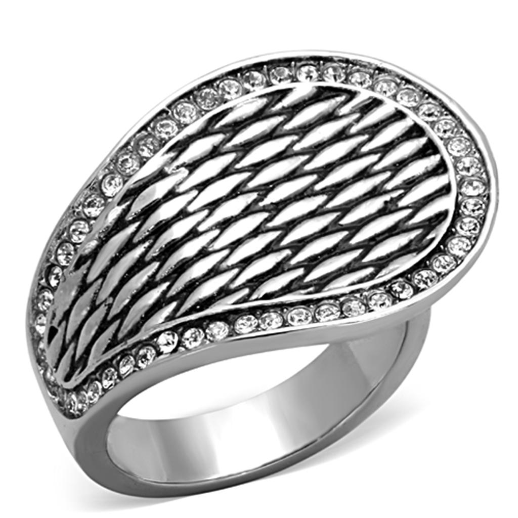 JCE1328 High polished (no plating) Stainless Steel Ring with Top Grade Crystal in Clear