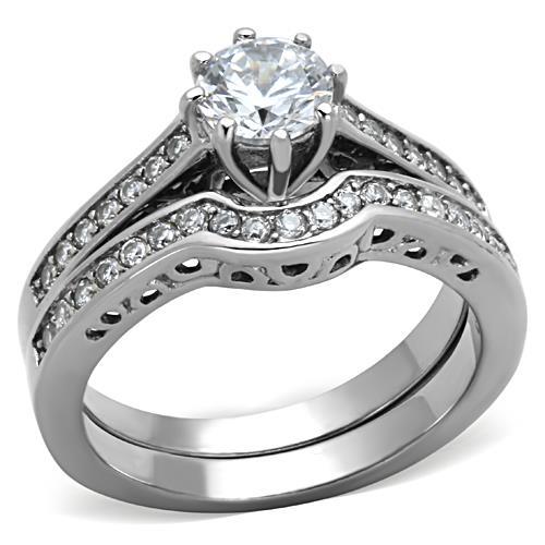 JCE1330 High polished (no plating) Stainless Steel Ring with AAA Grade CZ in Clear