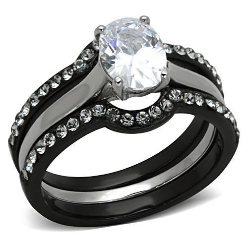 JCE1344 Two-Tone IP Black Stainless Steel Ring with AAA Grade CZ in Clear