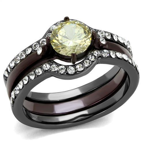 JCE1346DC IP Light Black (IP Gun) & IP Dark Brown (IP coffee) Stainless Steel Ring with AAA Grade CZ in Citrine Yellow