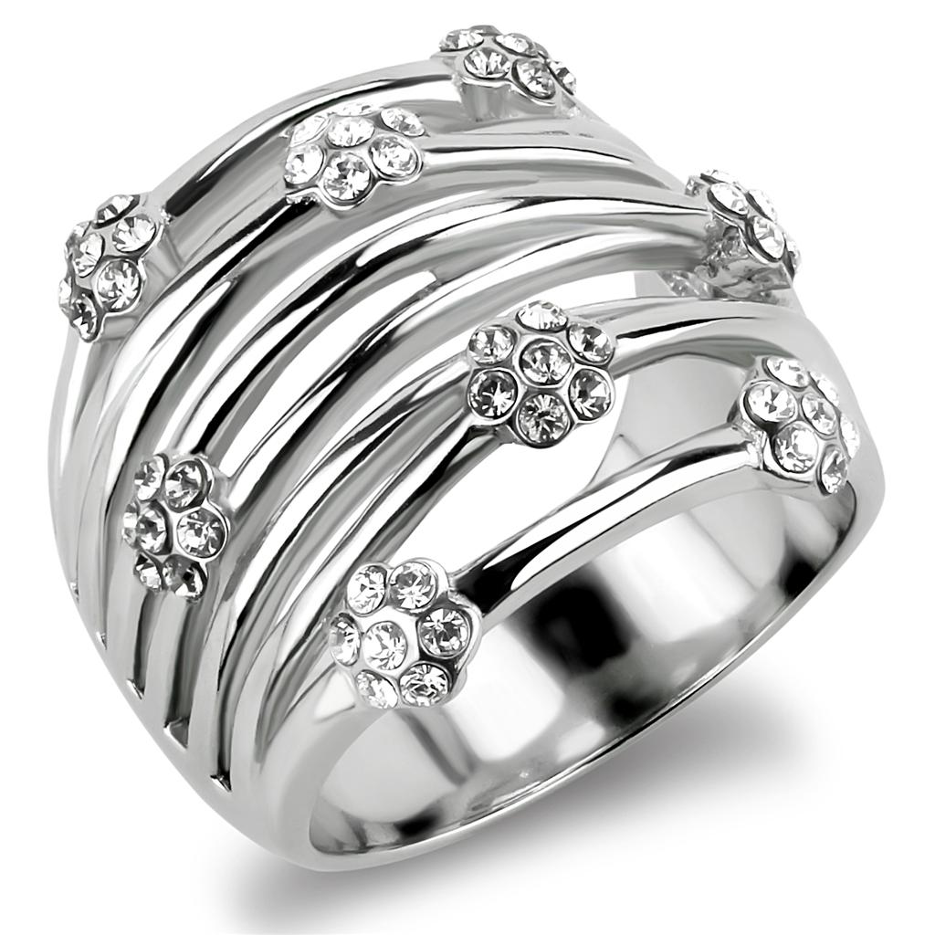 JCE1372 High polished (no plating) Stainless Steel Ring with Top Grade Crystal in Clear