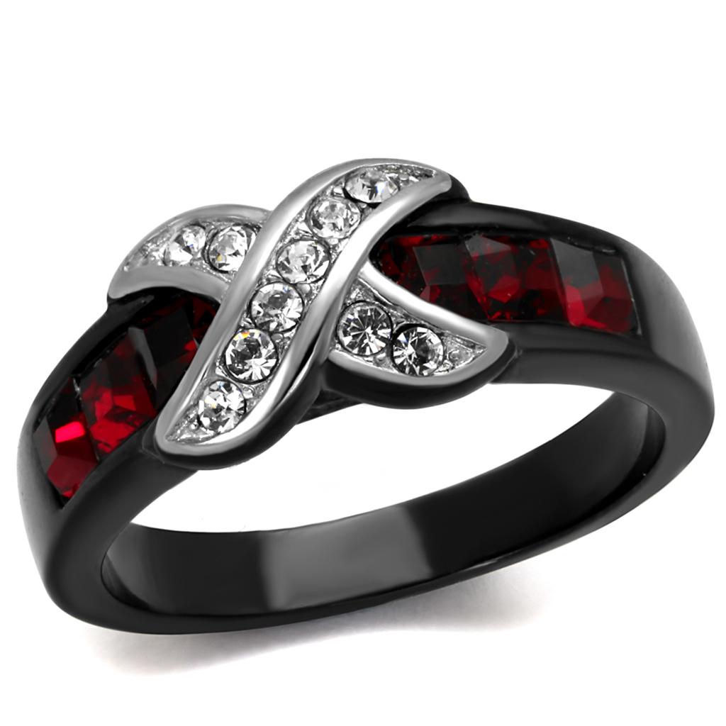 JCE1388J Two-Tone IP Black Stainless Steel Ring with Top Grade Crystal in Siam