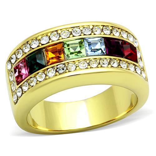 JCE1402 IP Gold(Ion Plating) Stainless Steel Ring with Top Grade Crystal in Multi Color