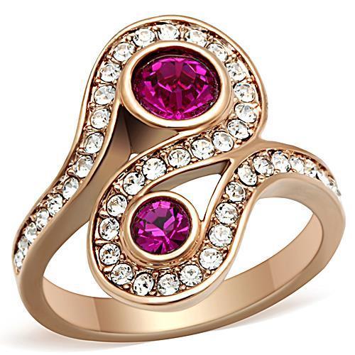 JCE1413 IP Rose Gold(Ion Plating) Stainless Steel Ring with Top Grade Crystal in Fuchsia