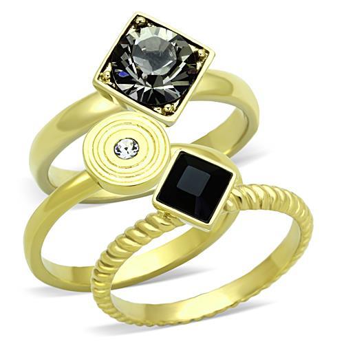 JCE1417 IP Gold(Ion Plating) Stainless Steel Ring with Top Grade Crystal in Jet
