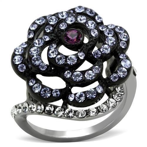 JCE1422 Two-Tone IP Black Stainless Steel Ring with Top Grade Crystal in Amethyst
