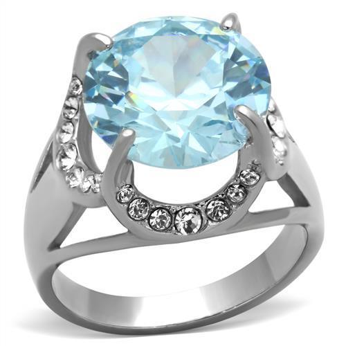 JCE1423 High polished (no plating) Stainless Steel Ring with AAA Grade CZ in Sea Blue