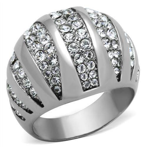 JCE1430 High polished (no plating) Stainless Steel Ring with Top Grade Crystal in Clear