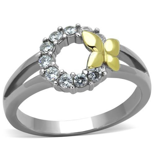 JCE1434 Two-Tone IP Gold (Ion Plating) Stainless Steel Ring with AAA Grade CZ in Clear