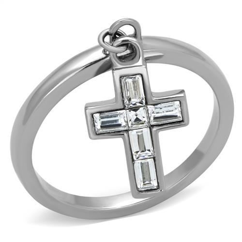JCE1438 High polished (no plating) Stainless Steel Ring with AAA Grade CZ in Clear