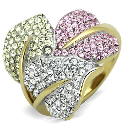 JCE1441 Two-Tone IP Gold (Ion Plating) Stainless Steel Ring with Top Grade Crystal in Multi Color