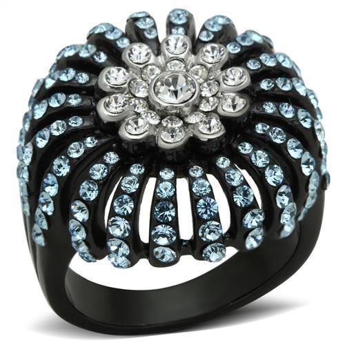 JCE1442 Two-Tone IP Black Stainless Steel Ring with Top Grade Crystal in Sea Blue
