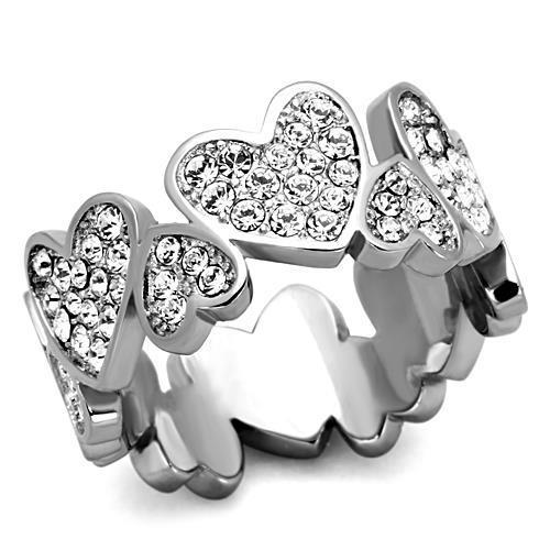 JCE1443 High polished (no plating) Stainless Steel Ring with Top Grade Crystal in Clear