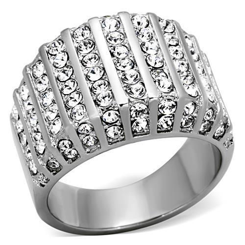 JCE1447 High polished (no plating) Stainless Steel Ring with Top Grade Crystal in Clear