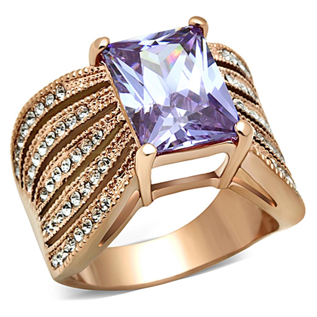 JCE1490 IP Rose Gold(Ion Plating) Stainless Steel Ring with AAA Grade CZ in Light Amethyst