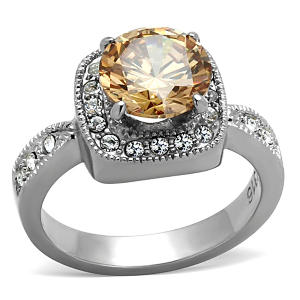 JCE1495 High polished (no plating) Stainless Steel Ring with AAA Grade CZ in Champagne