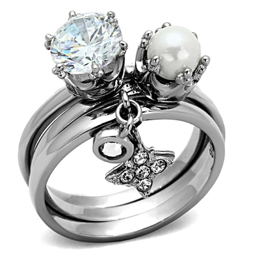 JCE1497 High polished (no plating) Stainless Steel Ring with AAA Grade CZ in Clear