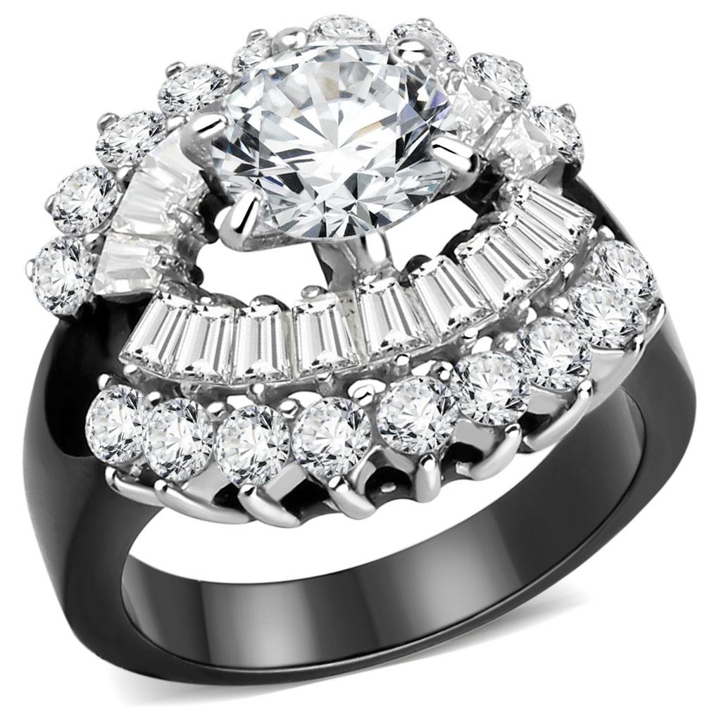 JCE1523 Two-Tone IP Black Stainless Steel Ring with AAA Grade CZ in Clear