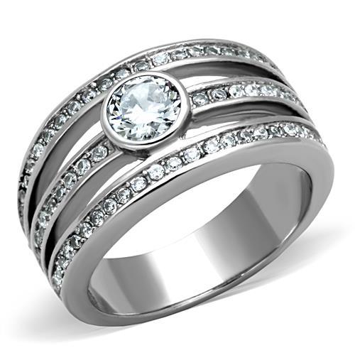 JCE1525 High polished (no plating) Stainless Steel Ring with AAA Grade CZ in Clear