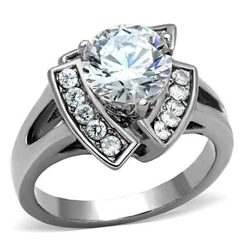 JCE1528 High polished (no plating) Stainless Steel Ring with AAA Grade CZ in Clear