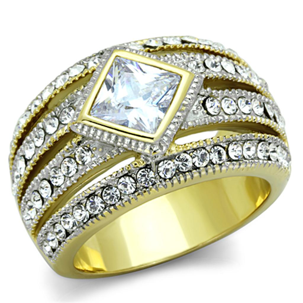 JCE1551 Two-Tone IP Gold (Ion Plating) Stainless Steel Ring with AAA Grade CZ in Clear