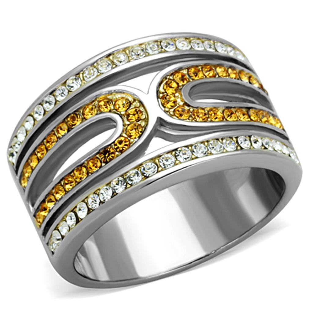 JCE1555 Two-Tone IP Gold (Ion Plating) Stainless Steel Ring with Top Grade Crystal in Topaz