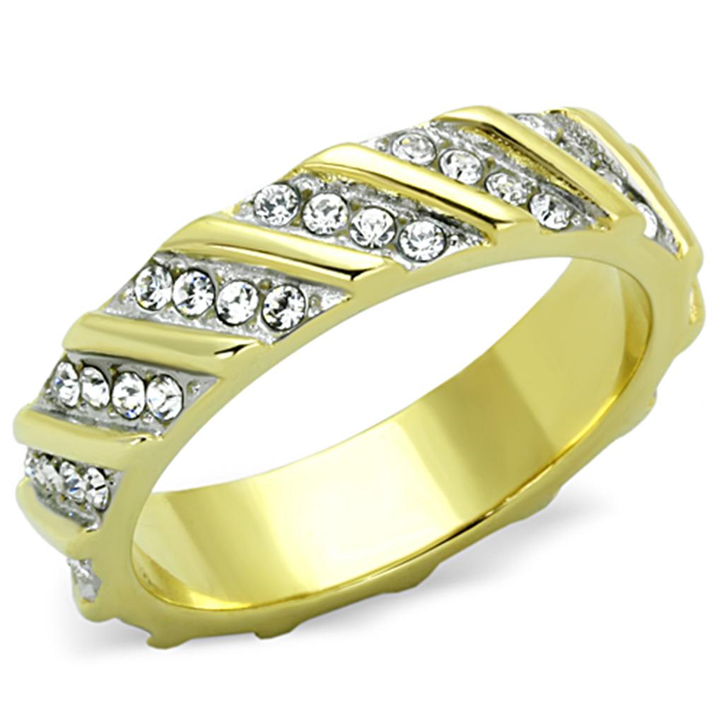 JCE1557 Two-Tone IP Gold (Ion Plating) Stainless Steel Ring with Top Grade Crystal in Clear