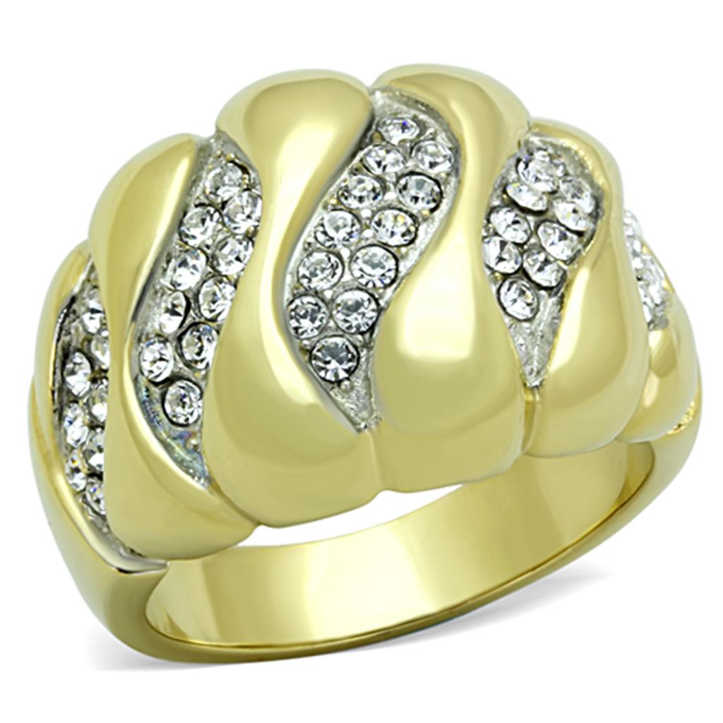 JCE1559 Two-Tone IP Gold (Ion Plating) Stainless Steel Ring with Top Grade Crystal in Clear