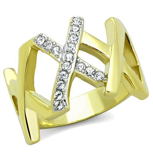 JCE1560 Two-Tone IP Gold (Ion Plating) Stainless Steel Ring with Top Grade Crystal in Clear