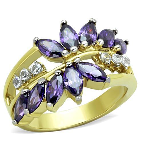 JCE1568 Two-Tone IP Gold (Ion Plating) Stainless Steel Ring with AAA Grade CZ in Amethyst