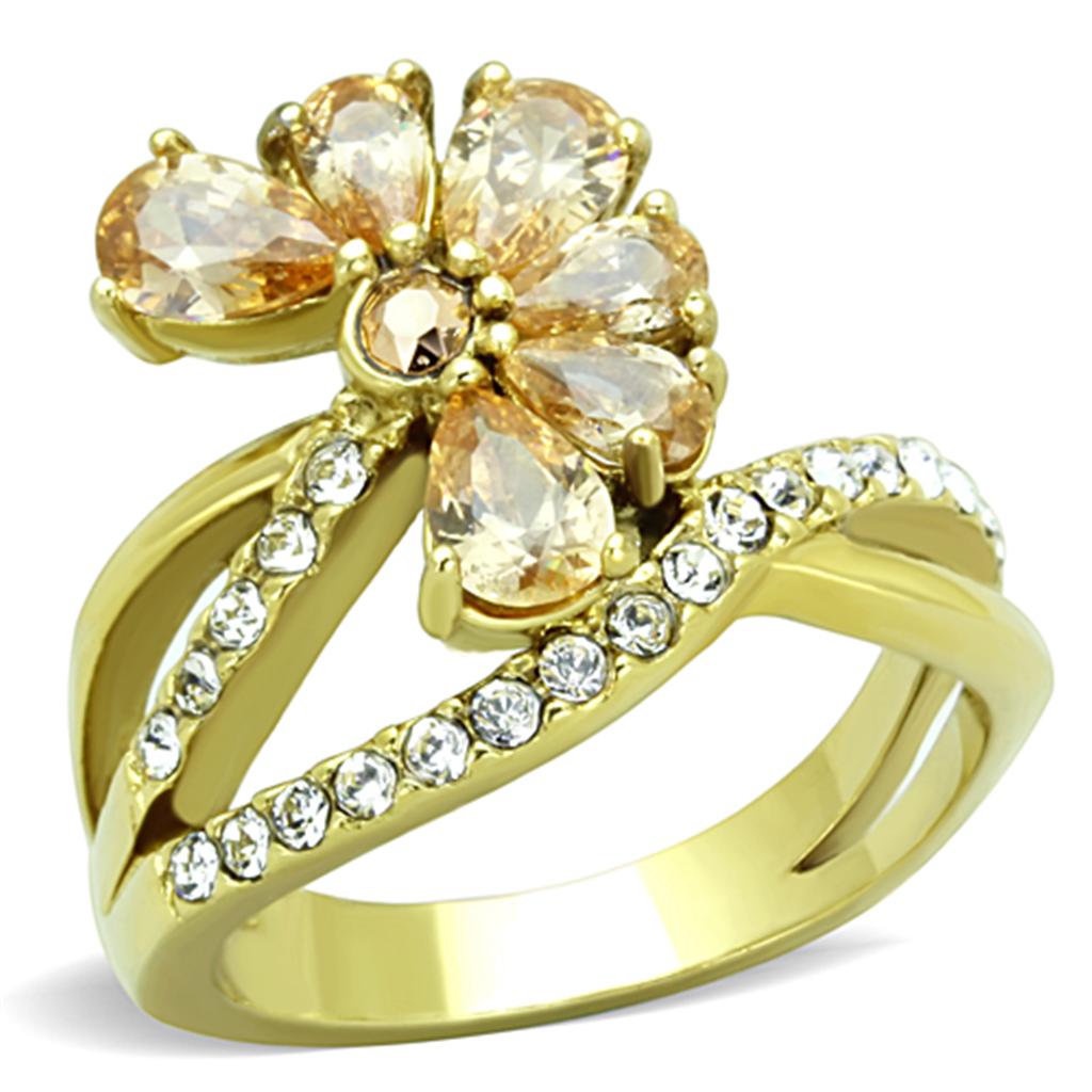 JCE1574 IP Gold(Ion Plating) Stainless Steel Ring with AAA Grade CZ in Champagne